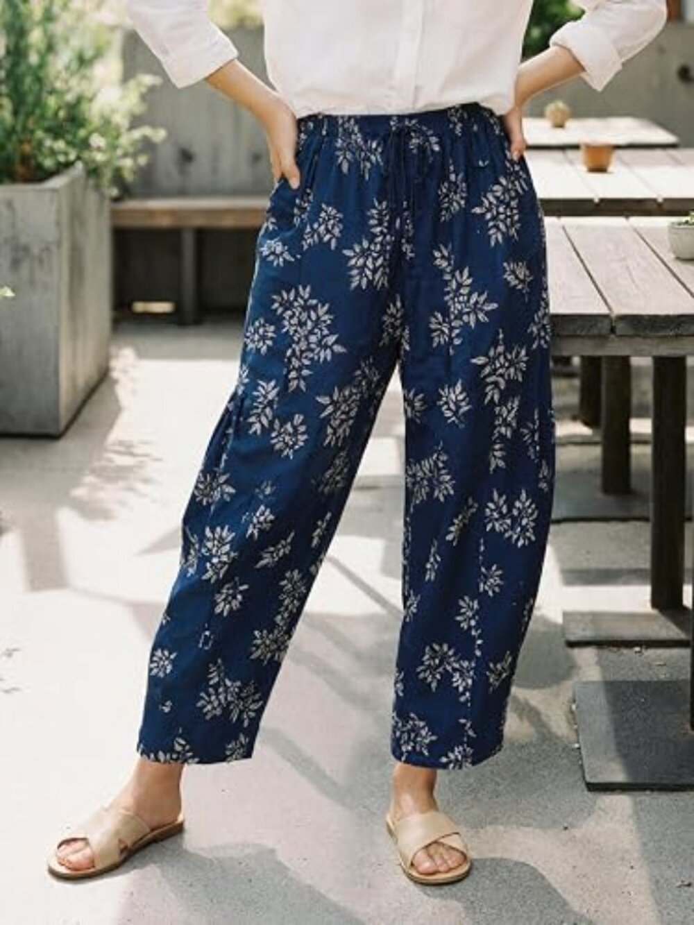 Yousify Women's Navy Blue Wide Leg Flowy Floral Palazzo Pants Elastic Waist-XL
